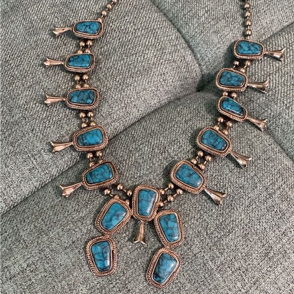 Vintage Goldette Faux Silver Turquoise Necklace - Picture 5 of 8